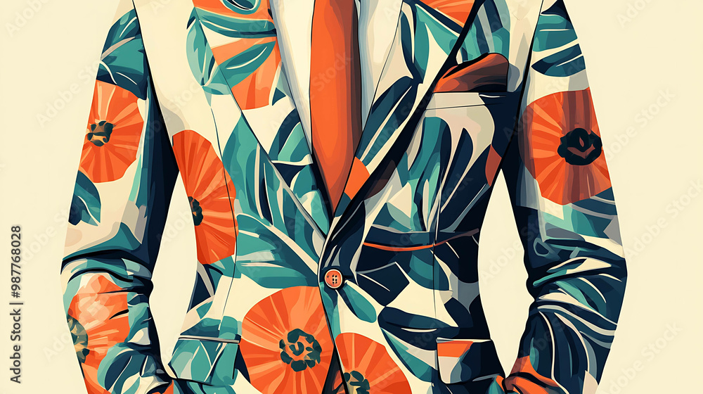 A man's suit with a tropical print design. A man's suit with a tropical print design.