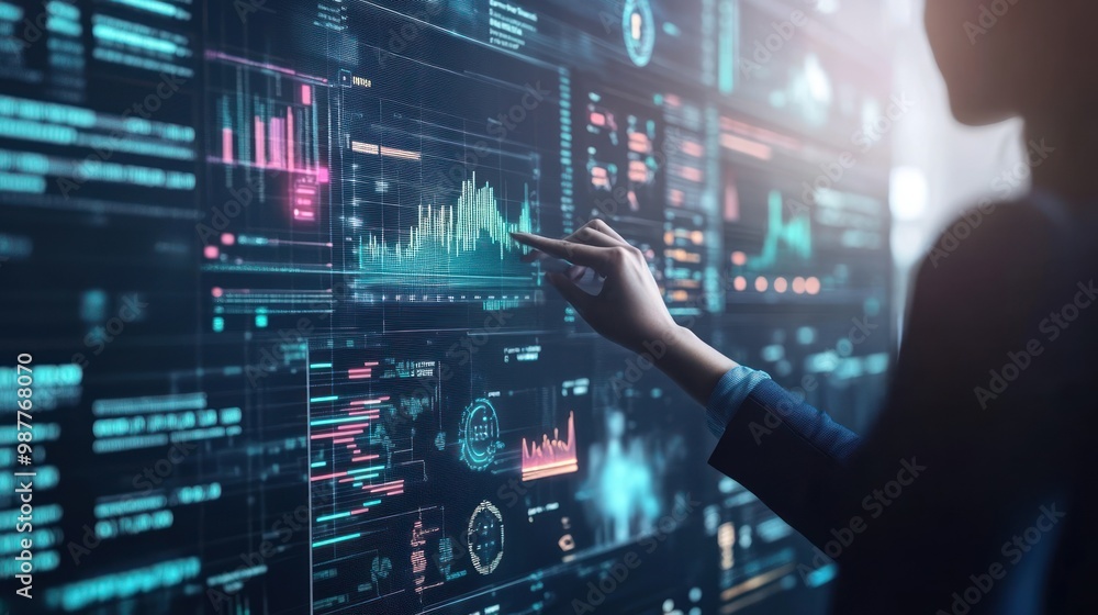 Person Interacting with a Screen Displaying Charts and Data