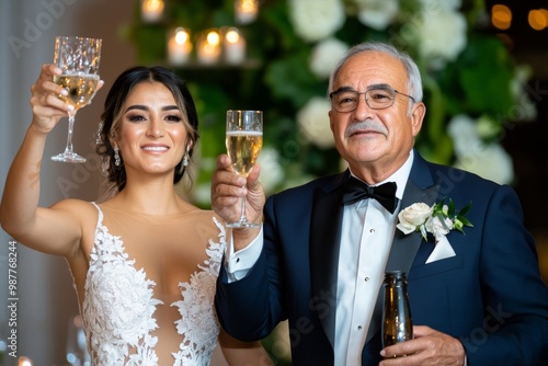 The father of the bride giving a heartfelt speech, raising a toast to the newlyweds during the reception photo