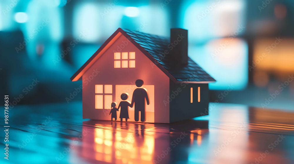A model house with a family silhouette inside, illuminated by warm light against a blue background.