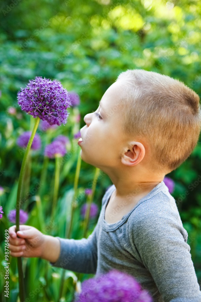 A Happy child with flowers sniffing in the park on nature travel A Happy child with flowers sniffing in the park on nature travel
