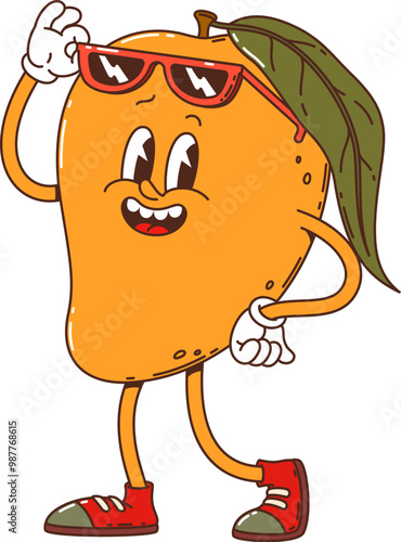 Cartoon groovy mango fruit character sporting stylish sunglasses and red sneakers. Isolated cartoon vector whimsical and funny tropical fruit personage exudes coolness and retro fun-loving hippie vibe