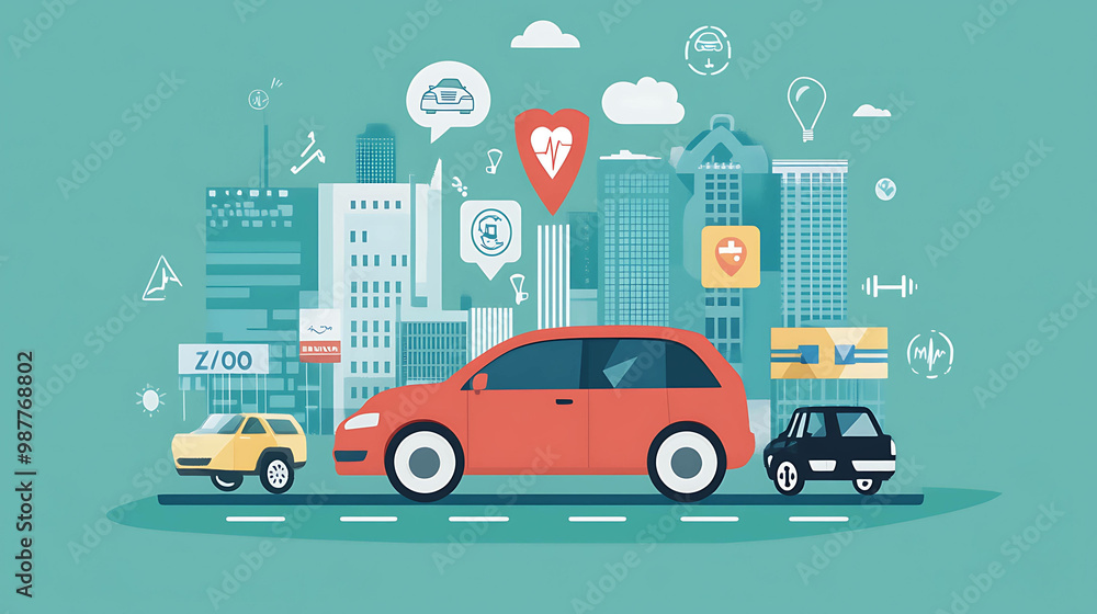 A red car drives through a city with several other cars, buildings, and icons. A red car drives through a city with several other cars, buildings, and icons.