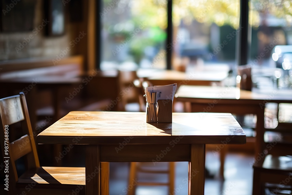 Empty restaurant table with salt and pepper shakers and napkins, waiting for customers Empty restaurant table with salt and pepper shakers and napkins, waiting for customers