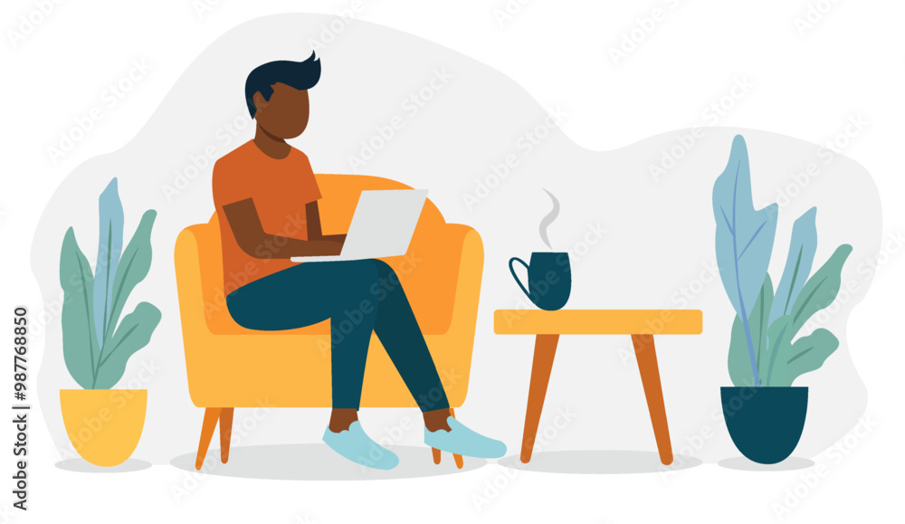 A person is sitting on a chair working on a laptop with a steaming cup on a table nearby. There are plants on either side of the chair. background is simple. Concept of remote work and home office A person is sitting on a chair working on a laptop with a steaming cup on a table nearby. There are plants on either side of the chair. background is simple. Concept of remote work and home office