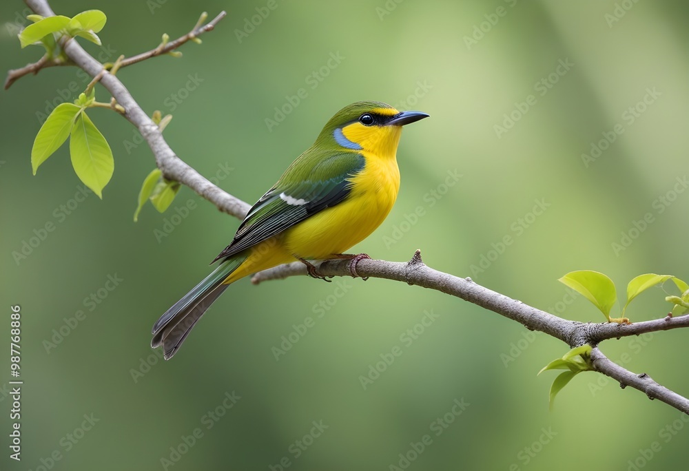 A bird with a long beak perched on a branch against a blurred green background A bird with a long beak perched on a branch against a blurred green background
