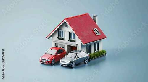 A small house model with a red roof sits on a blue background with two cars parked in front of it.