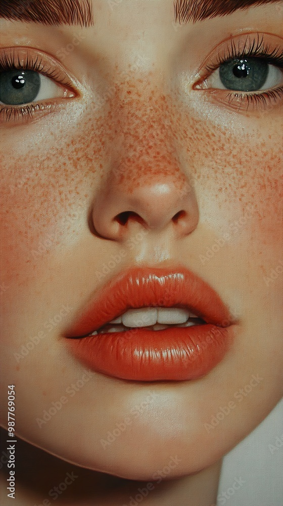 Close-up Portrait of a Woman with Freckles and Soft Makeup Close-up Portrait of a Woman with Freckles and Soft Makeup