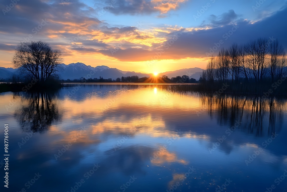 Sunset over calm lake with reflections in water. Beautiful serene nature scene, idyllic landscape. Sunset over calm lake with reflections in water. Beautiful serene nature scene, idyllic landscape.