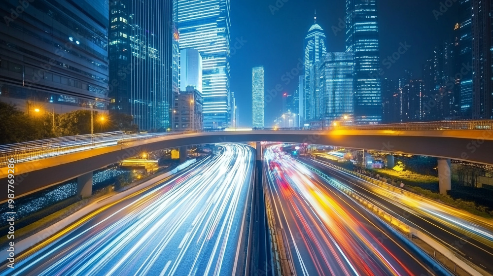 A city street with a lot of traffic and a bright blue sky, Light trails on the modern building background. Light trails at night. A city street with a lot of traffic and a bright blue sky, Light trails on the modern building background. Light trails at night.