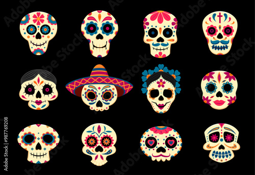 Mexican calavera sugar skulls, day of the dead holiday. Dia de los muertos funny characters. Cartoon vector set of human craniums adorned with sombrero and floral pattern. Traditional festival symbols