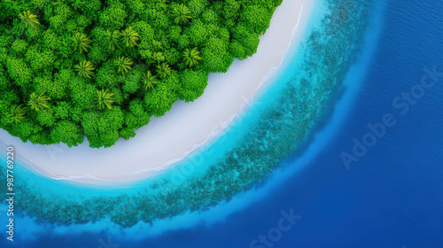 Tropical Island Aerial View Green Forest White Sandy Beach Turquoise Ocean