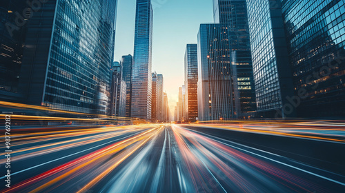 A city street with a lot of traffic and a bright blue sky, Light trails on the modern building background. Light trails at night.