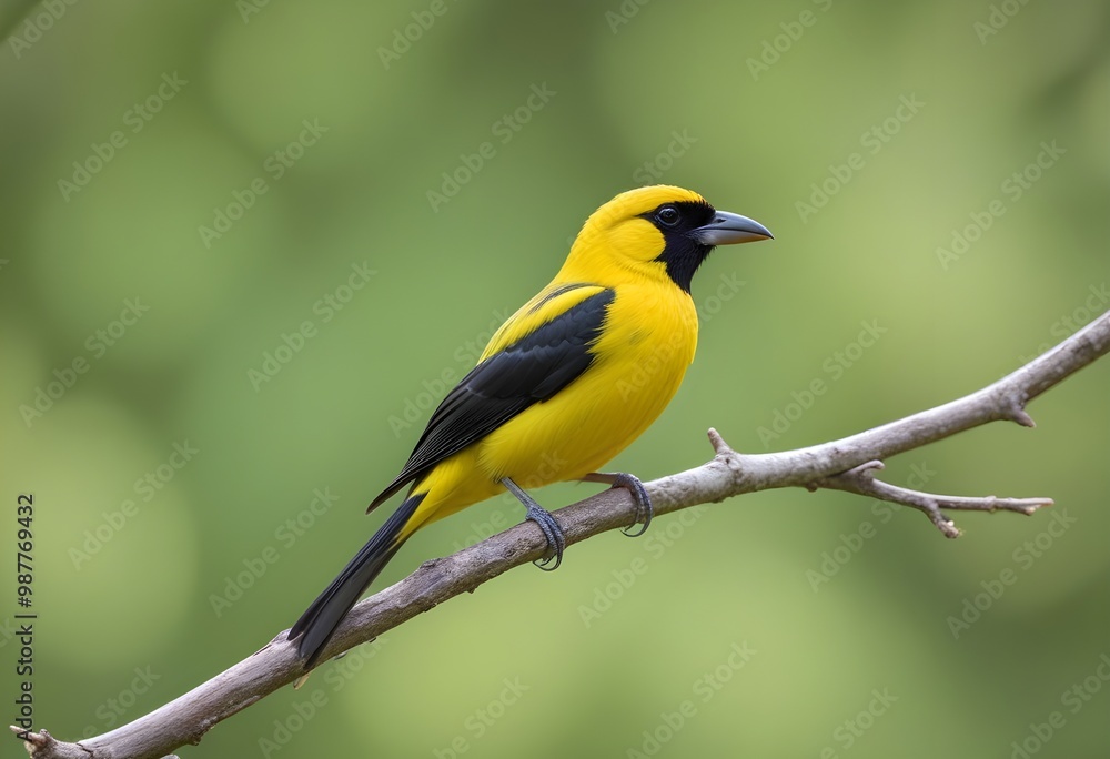 A bird with a long beak perched on a branch against a blurred green background