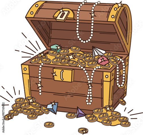 Cartoon groovy pirate and corsair treasure chest with gold and jewels. Isolated vector old trunk or box, filled with golden coins. Antique medieval coffer, open and overflowing with loot and wealth