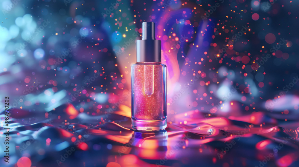 Foundation bottle mockup where the bottle is surrounded by floating, holographic particles that create dynamic patterns on the surface Foundation bottle mockup where the bottle is surrounded by floating, holographic particles that create dynamic patterns on the surface