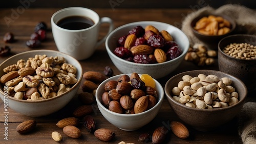 An assortment of raw nuts and dried fruits 