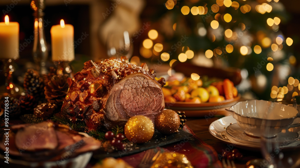 Christmas evening dinner table with festive food and sparkling wine glasses, holiday xmas concept Christmas evening dinner table with festive food and sparkling wine glasses, holiday xmas concept
