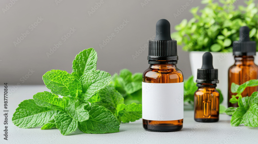 Eco friendly essential oils in amber bottles surrounded by fresh mint leaves create serene and natural atmosphere. Perfect for promoting organic products and sustainable lifestyle Eco friendly essential oils in amber bottles surrounded by fresh mint leaves create serene and natural atmosphere. Perfect for promoting organic products and sustainable lifestyle