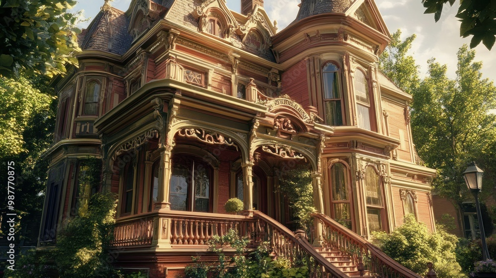An Ornate Victorian House with a Large Porch and Stairs An Ornate Victorian House with a Large Porch and Stairs
