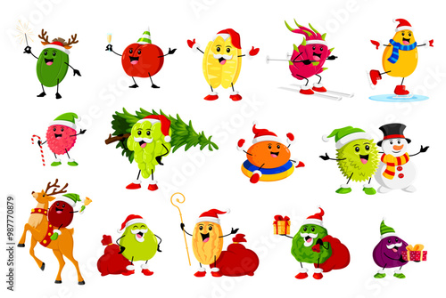Cartoon Christmas ripe raw fruit characters. Christmas celebration, happy New Year holiday or winter season kiwi, pitaya and durian, orange, melon, fig festive tropical fruits cute vector personages