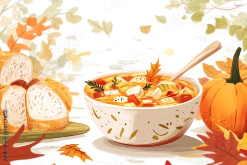 a delectable national chicken soup for the soul day scene featuring a bowl of chicken soup, autumn leaves, and a cozy fall-themed dining table illustration photo