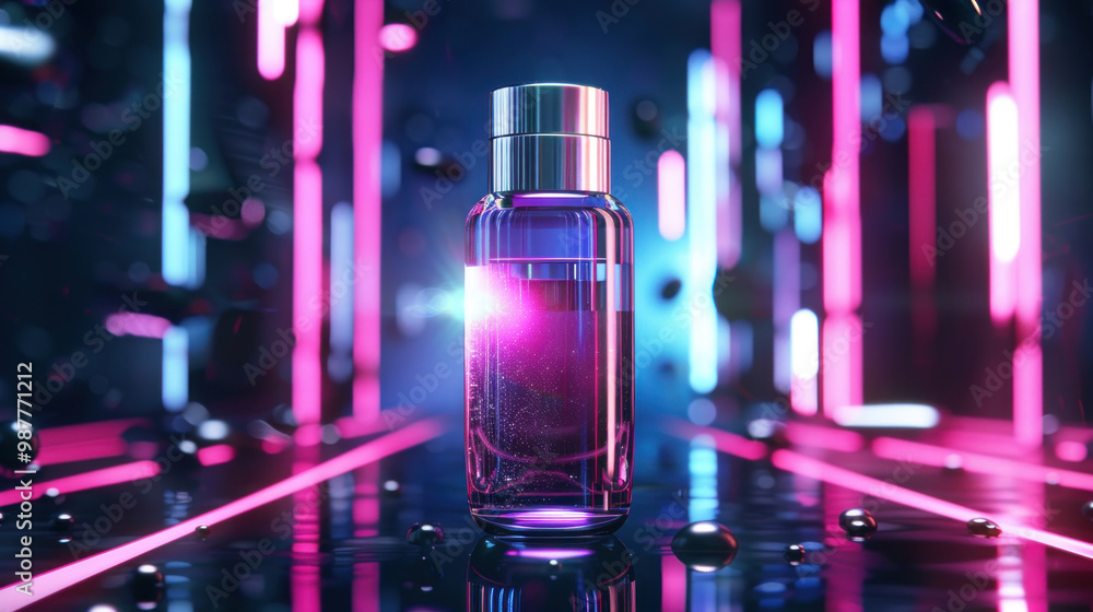 Hair product mockup displayed in a futuristic setting where the bottle's surface is holographic, reflecting and refracting light in dynamic ways Hair product mockup displayed in a futuristic setting where the bottle's surface is holographic, reflecting and refracting light in dynamic ways