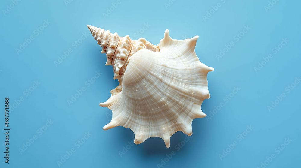 A white seashell with a spiral shape rests on a bright blue background. A white seashell with a spiral shape rests on a bright blue background.