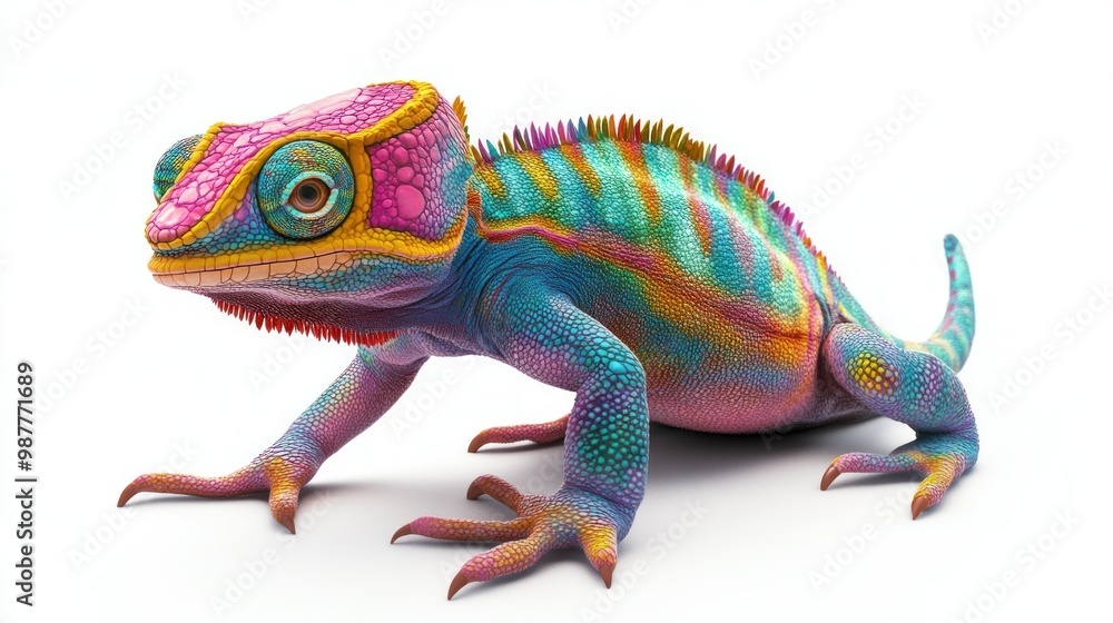 Obraz premium A vibrant chameleon with iridescent scales and a long tail.