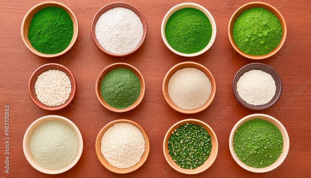 Fresh organic plant based ingredients arranged in bowls, showcasing variety of green powders and natural substances. This vibrant display highlights beauty of healthy cooking Fresh organic plant based ingredients arranged in bowls, showcasing variety of green powders and natural substances. This vibrant display highlights beauty of healthy cooking