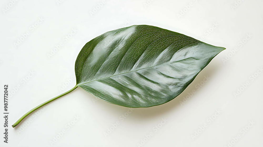 A single green leaf with white variegation lies on a white background. A single green leaf with white variegation lies on a white background.