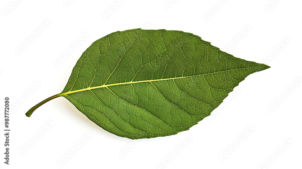 Fototapeta premium A single, vibrant green leaf isolated on a white background, showcasing its intricate veins and delicate texture.