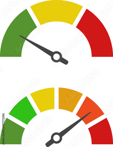 Dashboard  speedometer icons set. Tachometer icon isolated. Performance indicator sign. Car speed. Fast internet speed sign. Speedometer icon. 3D meter with green, yellow, red indicators.