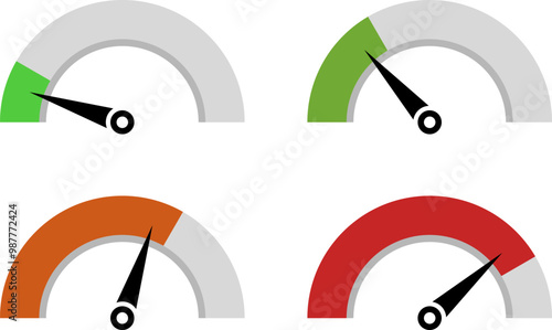 Dashboard  speedometer icons set. Tachometer icon isolated. Performance indicator sign. Car speed. Fast internet speed sign. Speedometer icon. 3D meter with green, yellow, red indicators.