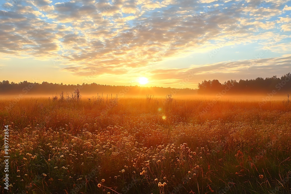 Sunrise over a misty field with golden light illuminating the landscape. Tranquil nature scene with a warm glow. Sunrise over a misty field with golden light illuminating the landscape. Tranquil nature scene with a warm glow.