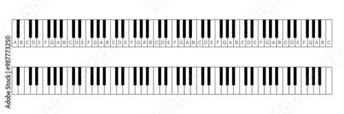 Grand piano full keyboard sheet isolated black and white in 2 variations. Vector illustration in flat style