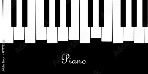 Key music piano art with text on a bottom and instrument black background. Vector picture in grunge style