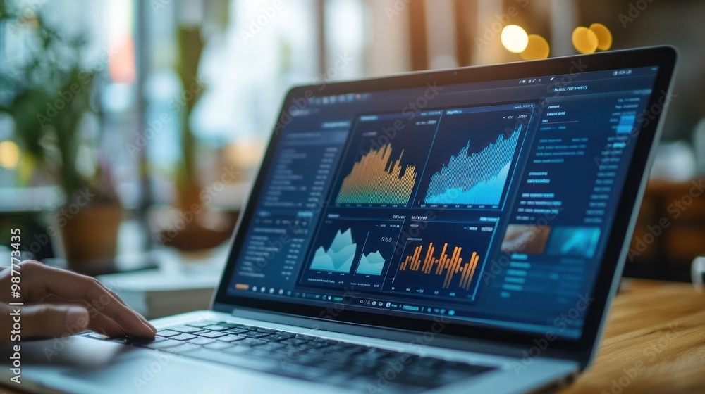 Person Working on Laptop with Financial Charts and Graphs Person Working on Laptop with Financial Charts and Graphs