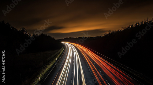 Vibrant long-exposure night shot of city lights and traffic creating colorful light trails under a dramatic, a long exposure photo of a highway at night generative ai