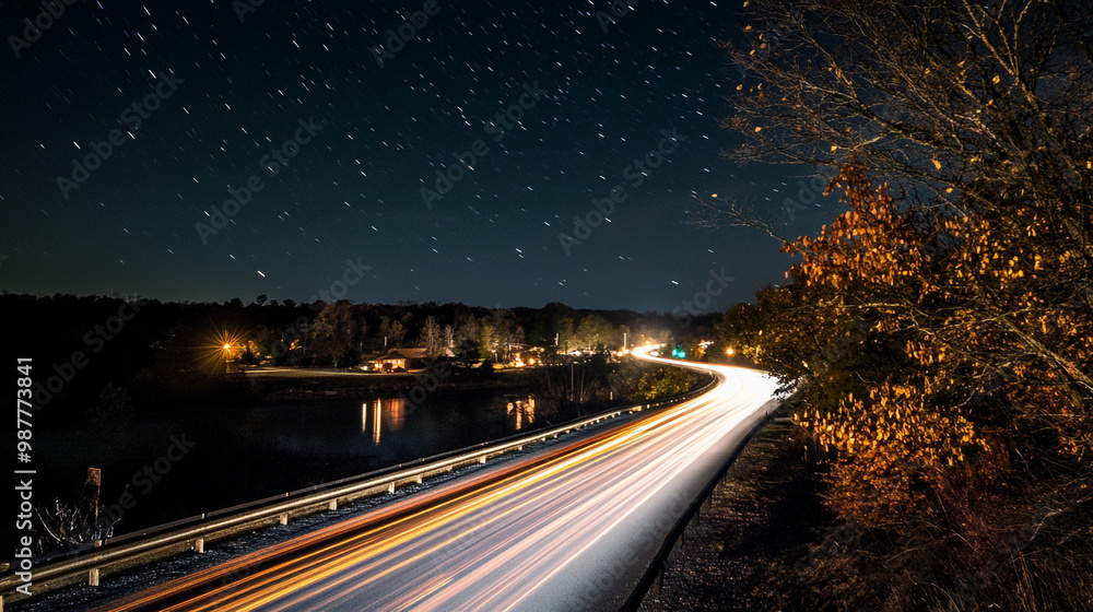 Highway Light Trails with Long Exposure at Night, Vibrant and Dynamic Motion, Nighttime Light Trails on the Highway. Highway Light Trails with Long Exposure at Night, Vibrant and Dynamic Motion, Nighttime Light Trails on the Highway.