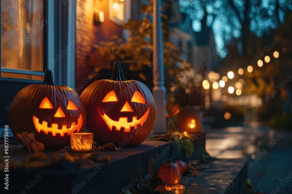 Halloween pumpkins on a fuzzy background of an American porch with glowing faces Halloween pumpkins on a fuzzy background of an American porch with glowing faces