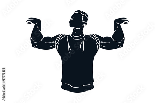 Man show off big strong arm muscles, hand drawn line drawing vector illustration