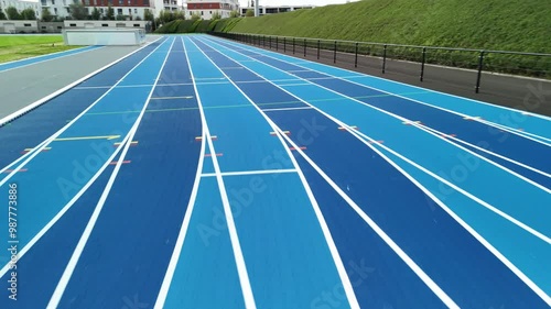 Running on a blue track at the athletics stadium during a sunny day in the afternoon photo