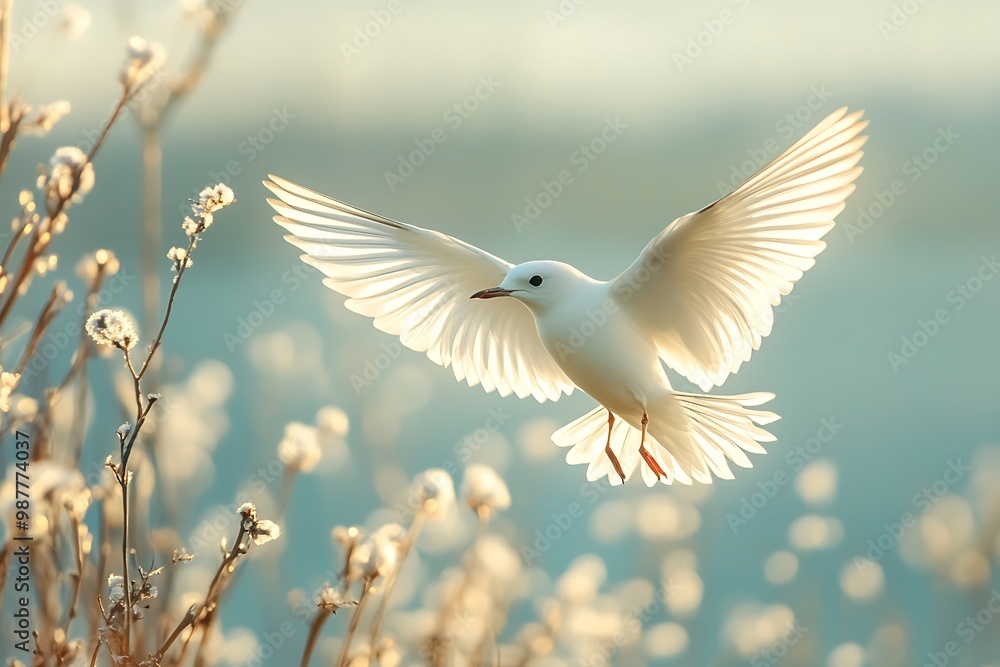 White dove flying in a blue sky with soft light on the wings and a blurred background of white flowers White dove flying in a blue sky with soft light on the wings and a blurred background of white flowers