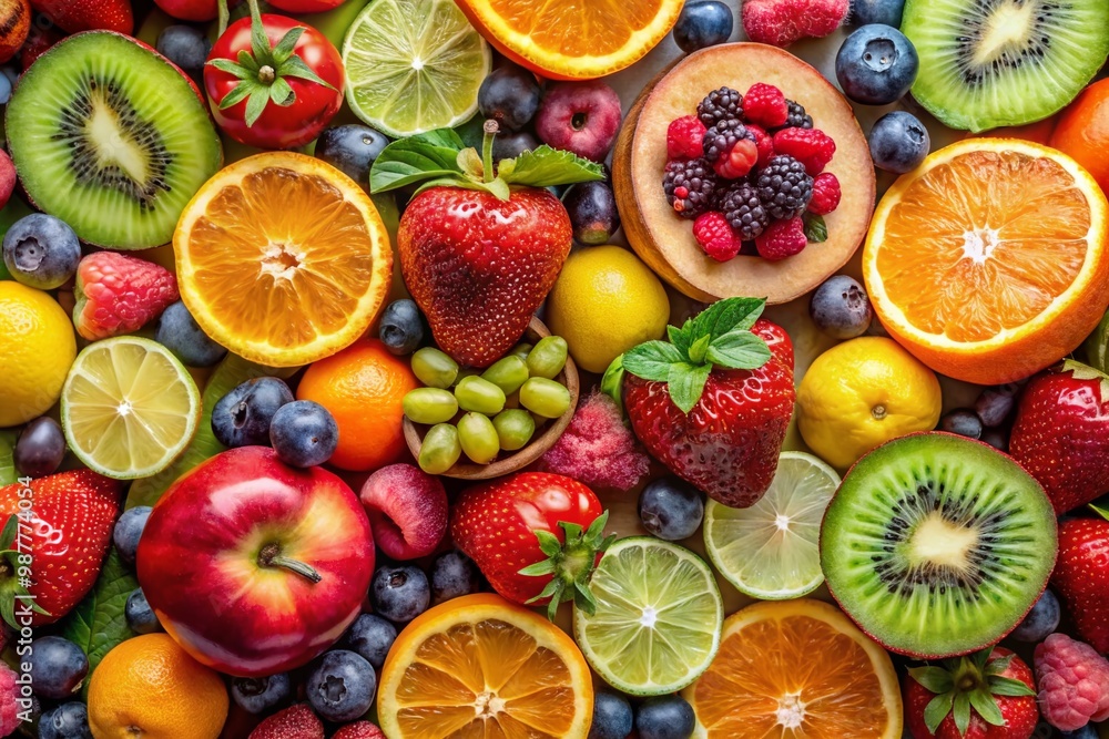 Vibrant and Colorful Fruit Collage Displaying a Variety of Fresh Fruits on a White Background Vibrant and Colorful Fruit Collage Displaying a Variety of Fresh Fruits on a White Background