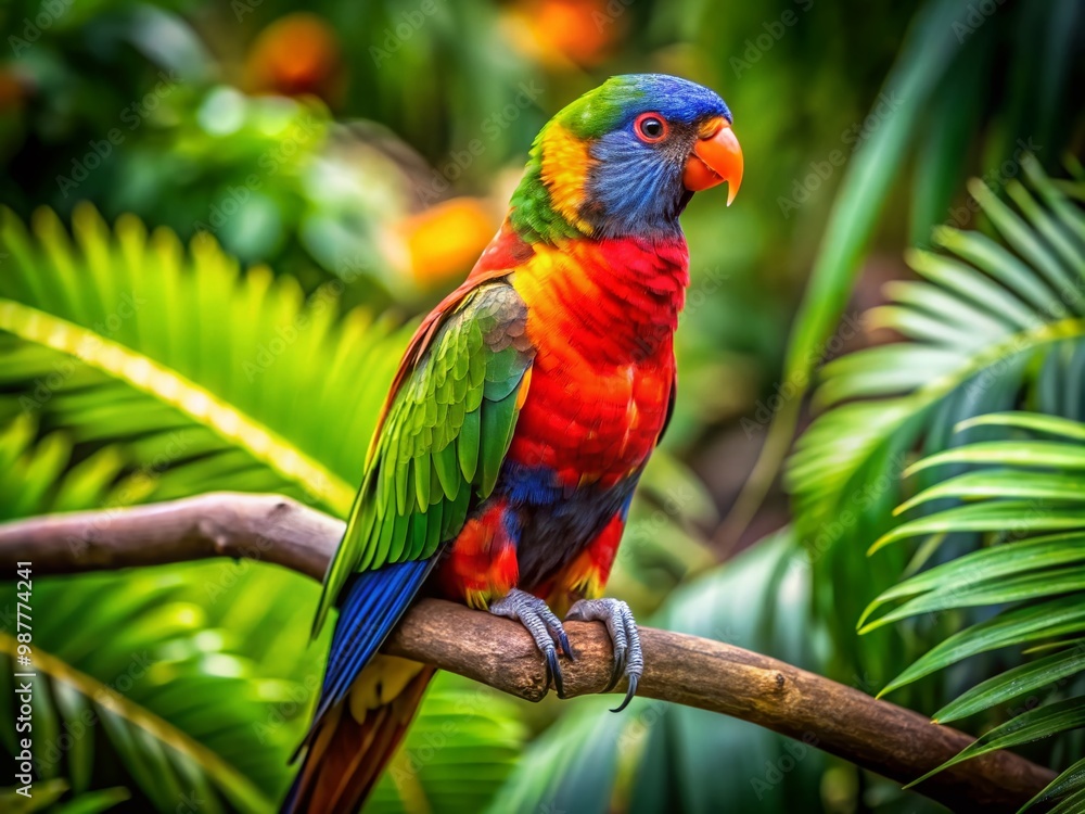 Vibrant and Colorful Parrot Perched on a Branch in a Lush Tropical Environment with Bright Feathers Vibrant and Colorful Parrot Perched on a Branch in a Lush Tropical Environment with Bright Feathers