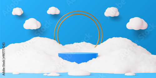 3d kids Christmas podium with snow and golden arch. Vector blue scene surrounded by fluffy white snow and floating clouds, with a gold arc in the background, magical winter display for children promo