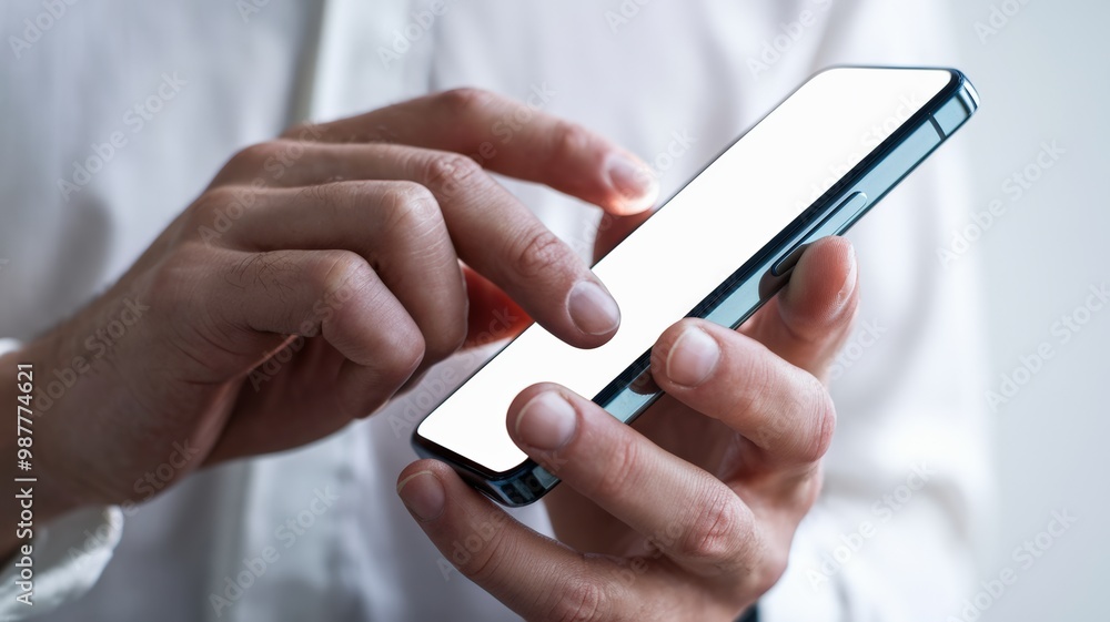 A close-up shot of a man's hand holding a mobile smartphone with a white screen. The phone is in a vertical position. The background is white. A close-up shot of a man's hand holding a mobile smartphone with a white screen. The phone is in a vertical position. The background is white.