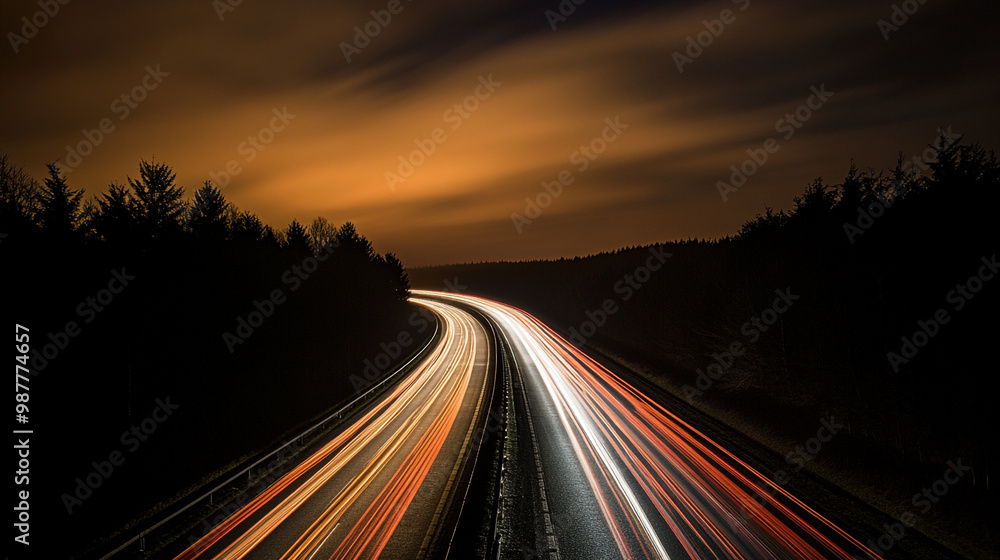 Fototapeta premium single light trail on the freeway at night, At dusk, the car's light rail lights up on the rural highways.