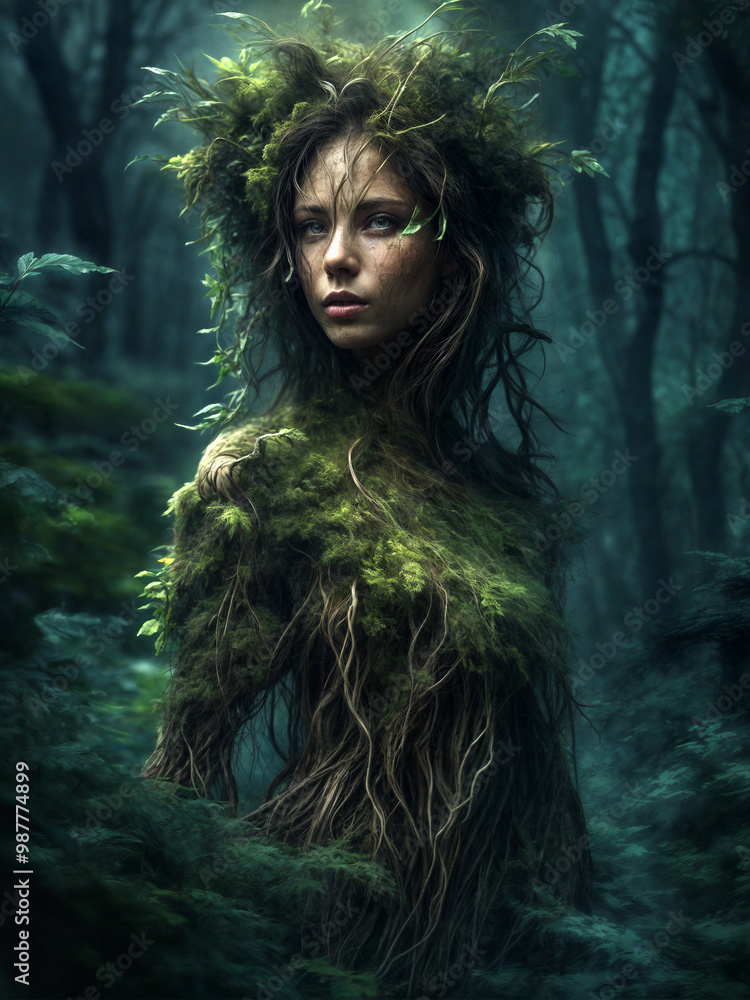 Obraz premium Spirit of the forest. Forest woman among the thickets. Mythical being